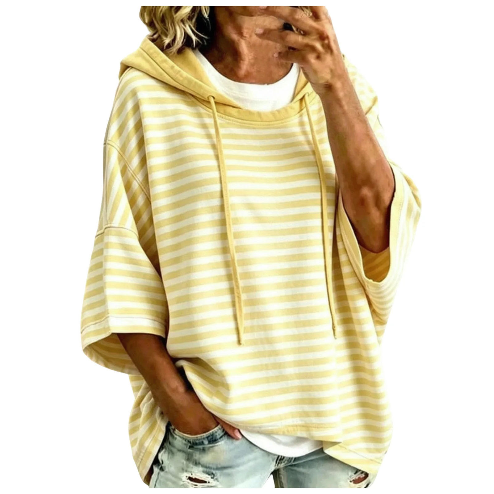 Women Striped Short Sleeve Hoodie Drawstring Drop Shoulder Loose Cropped Pullover Tops Casual Summer Fashion Streetwear Hoodies