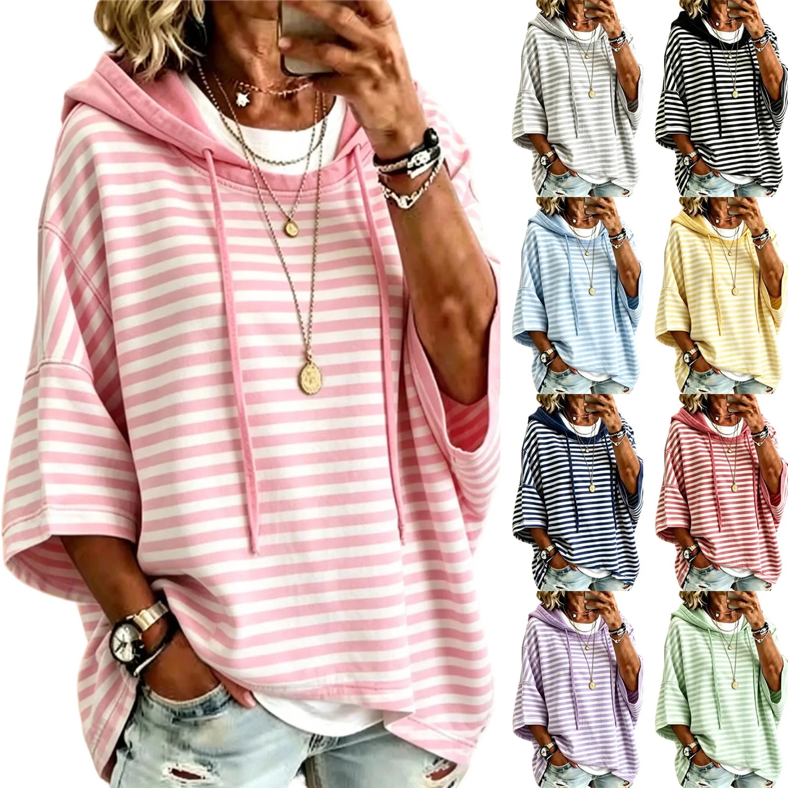 Women Striped Short Sleeve Hoodie Drawstring Drop Shoulder Loose Cropped Pullover Tops Casual Summer Fashion Streetwear Hoodies