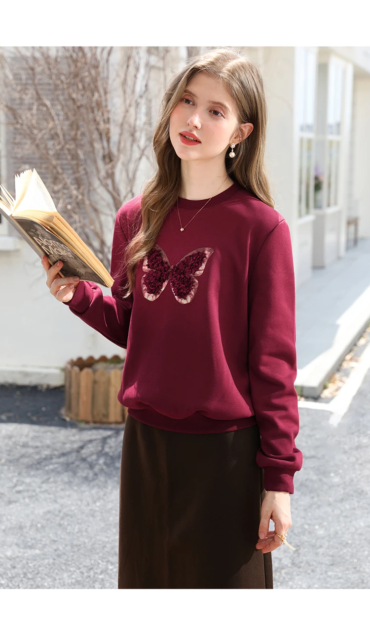 I BELIEVE YOU Red Sweatshirt Woman 2025 Autumn Winter Fashion Three-dimensional Butterfly Fleece Crew Neck Sweatshirt 2254196151