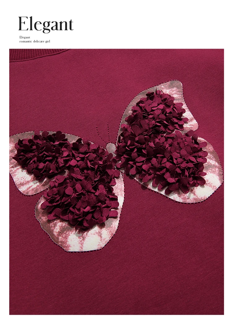 I BELIEVE YOU Red Sweatshirt Woman 2025 Autumn Winter Fashion Three-dimensional Butterfly Fleece Crew Neck Sweatshirt 2254196151