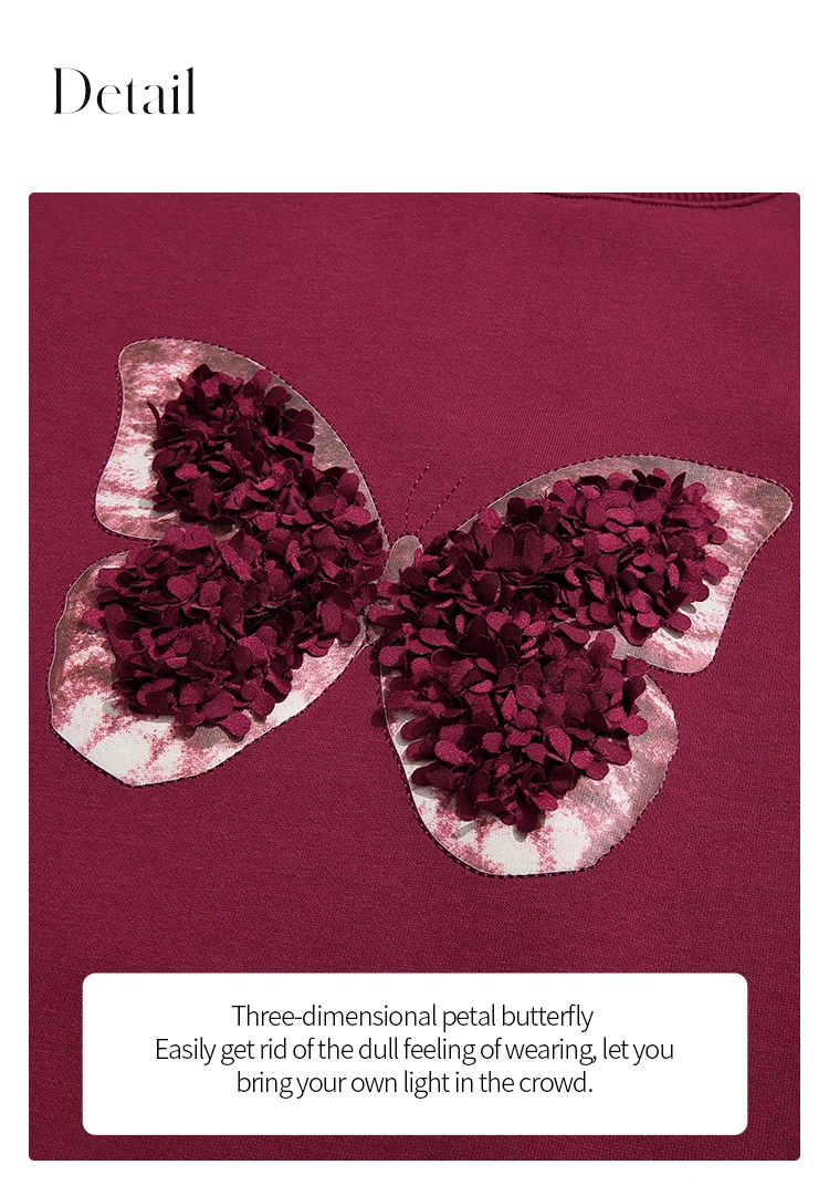 I BELIEVE YOU Red Sweatshirt Woman 2025 Autumn Winter Fashion Three-dimensional Butterfly Fleece Crew Neck Sweatshirt 2254196151