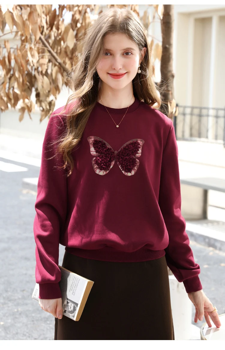 I BELIEVE YOU Red Sweatshirt Woman 2025 Autumn Winter Fashion Three-dimensional Butterfly Fleece Crew Neck Sweatshirt 2254196151