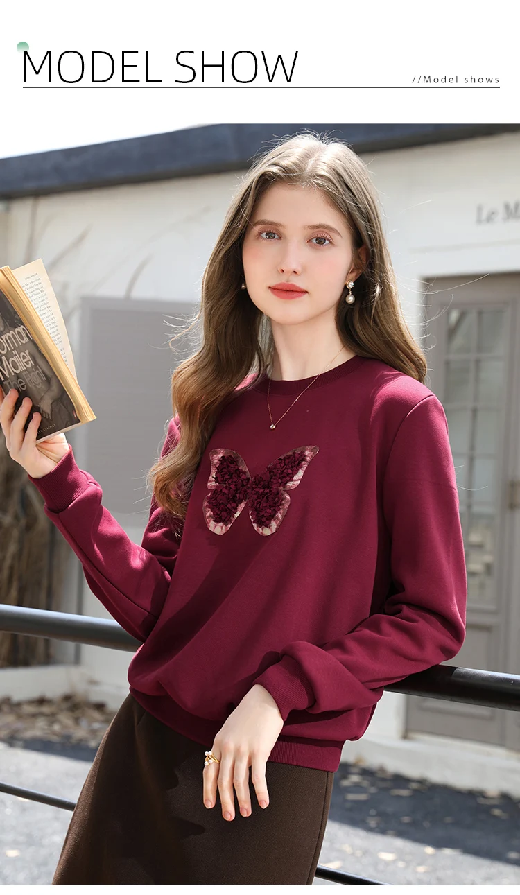 I BELIEVE YOU Red Sweatshirt Woman 2025 Autumn Winter Fashion Three-dimensional Butterfly Fleece Crew Neck Sweatshirt 2254196151
