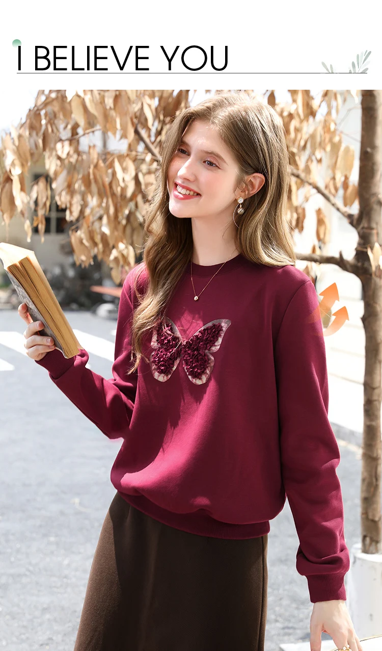 I BELIEVE YOU Red Sweatshirt Woman 2025 Autumn Winter Fashion Three-dimensional Butterfly Fleece Crew Neck Sweatshirt 2254196151