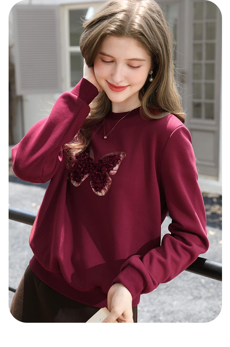 I BELIEVE YOU Red Sweatshirt Woman 2025 Autumn Winter Fashion Three-dimensional Butterfly Fleece Crew Neck Sweatshirt 2254196151