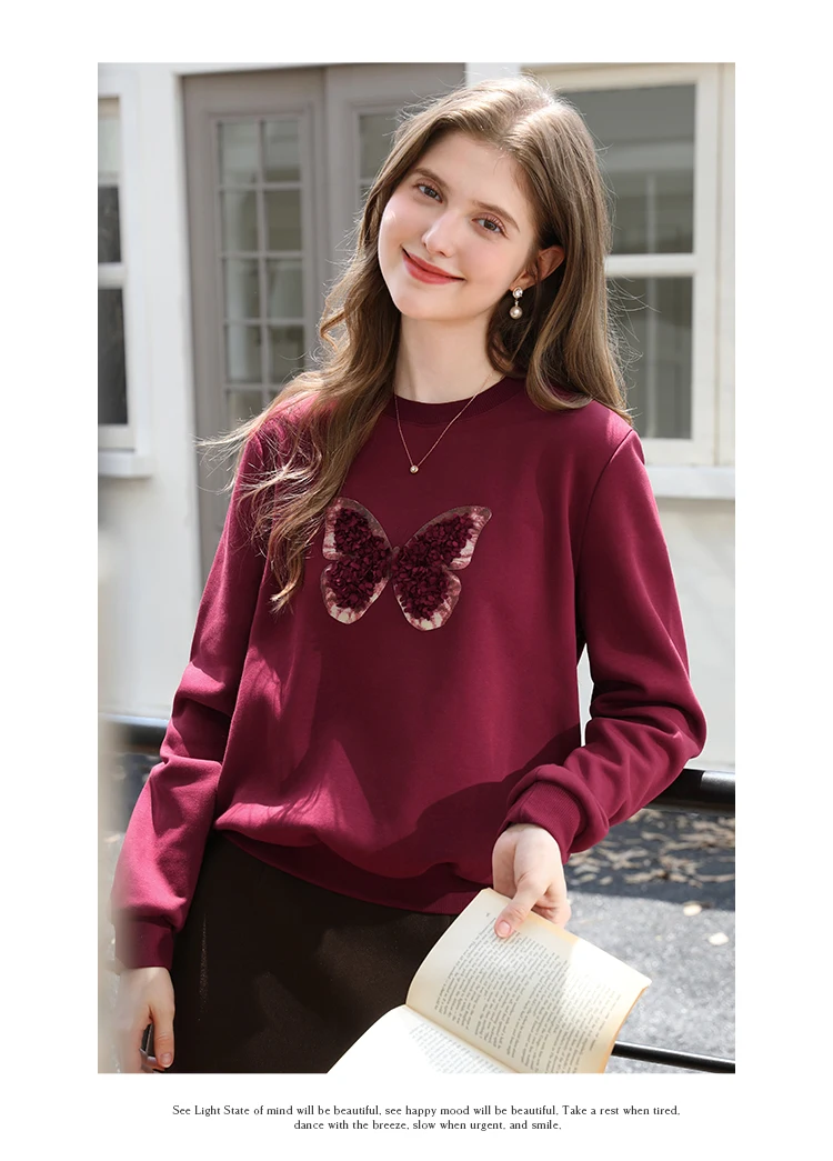 I BELIEVE YOU Red Sweatshirt Woman 2025 Autumn Winter Fashion Three-dimensional Butterfly Fleece Crew Neck Sweatshirt 2254196151