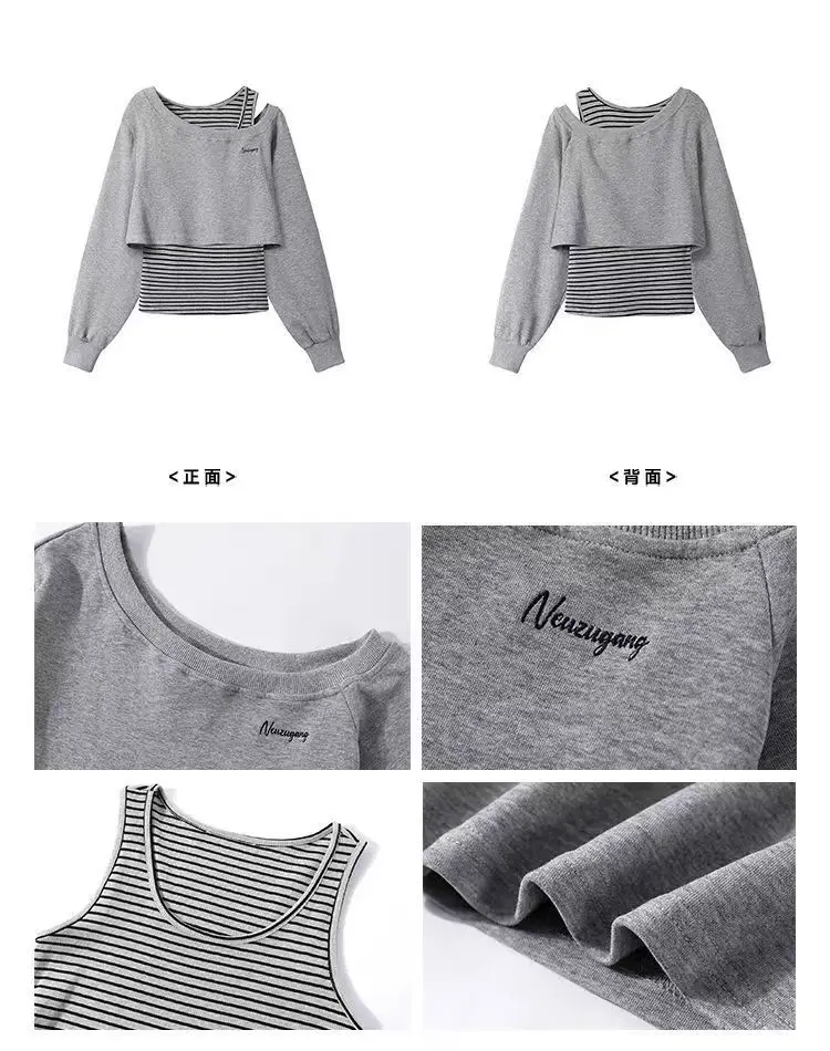 Fake Two Pieces Y2k Aesthetic Vintage Hoodies Slash Neck Casual Grunge Slim Fit Jackets Autumn Women Zipper Patchwork Sweatshirt
