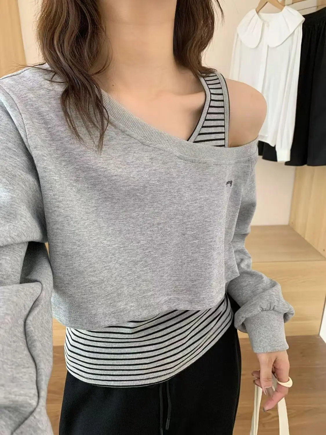 Fake Two Pieces Y2k Aesthetic Vintage Hoodies Slash Neck Casual Grunge Slim Fit Jackets Autumn Women Zipper Patchwork Sweatshirt