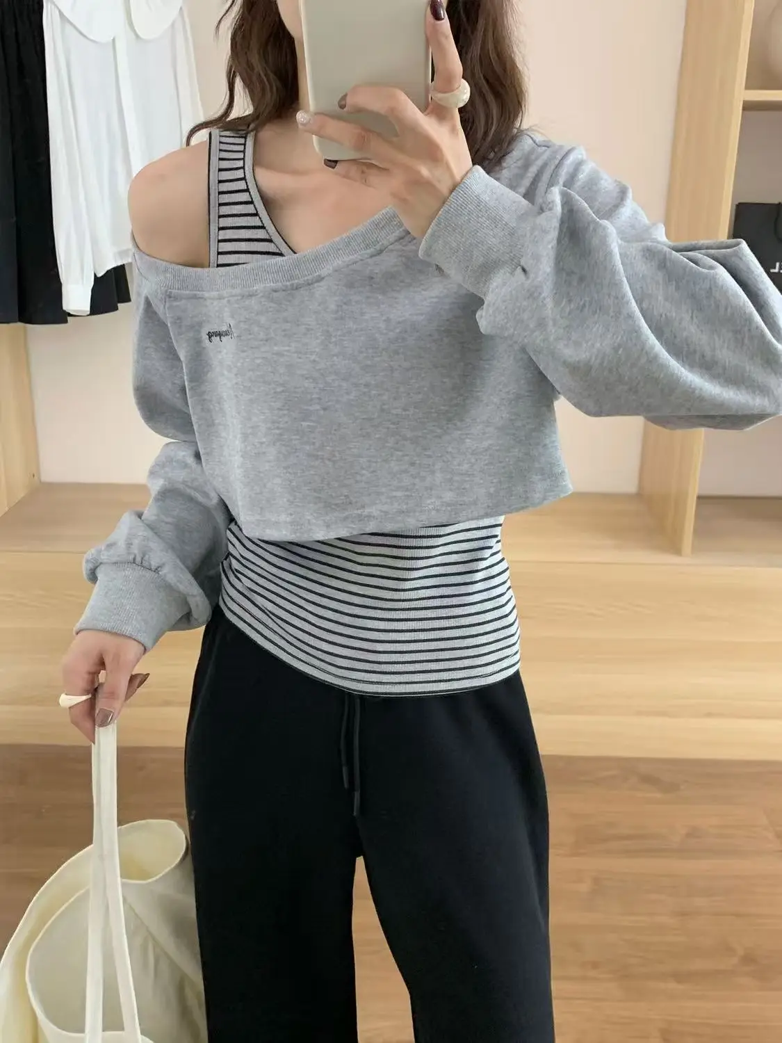 Fake Two Pieces Y2k Aesthetic Vintage Hoodies Slash Neck Casual Grunge Slim Fit Jackets Autumn Women Zipper Patchwork Sweatshirt