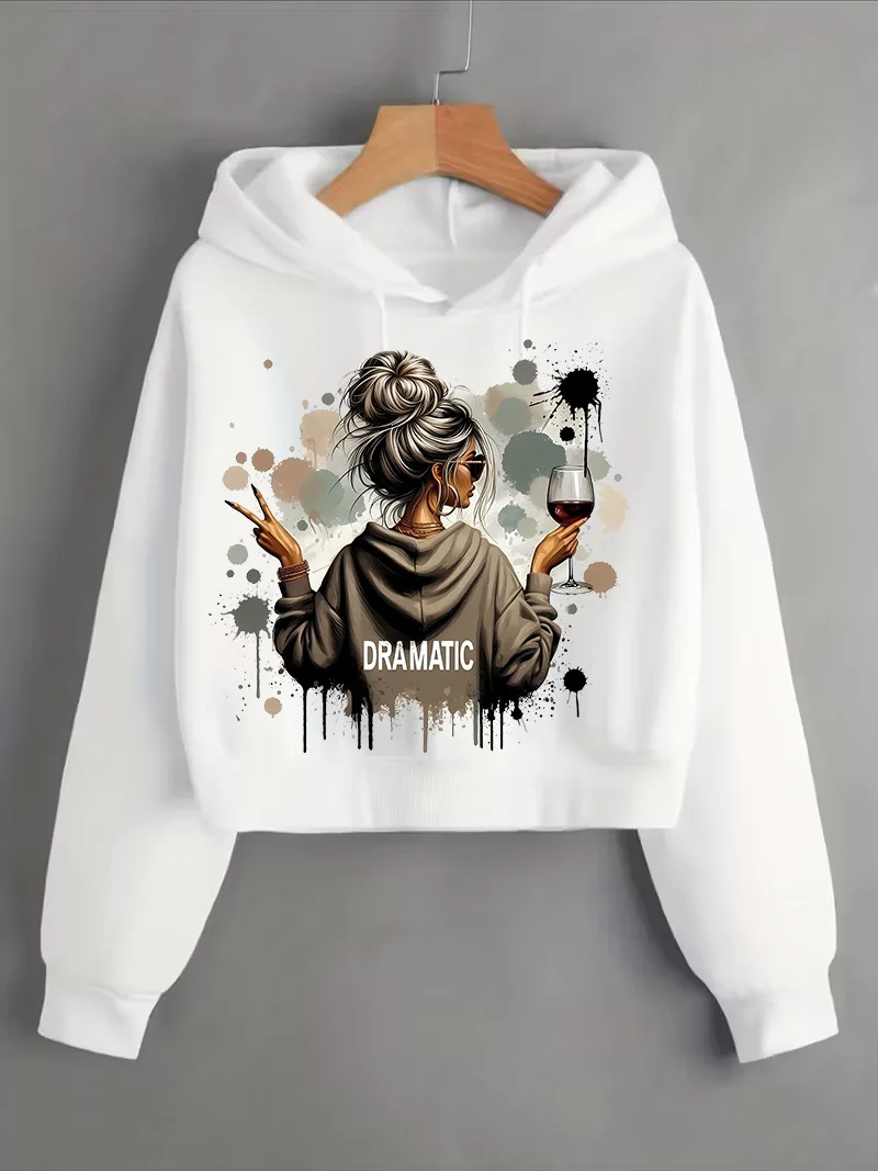 Vintage Dramatic Lady Print Autumn Winter Cropped Sweatshirt Crop Top Hoodie Y2k Sweatshirts Gothic Casual Style Clothes