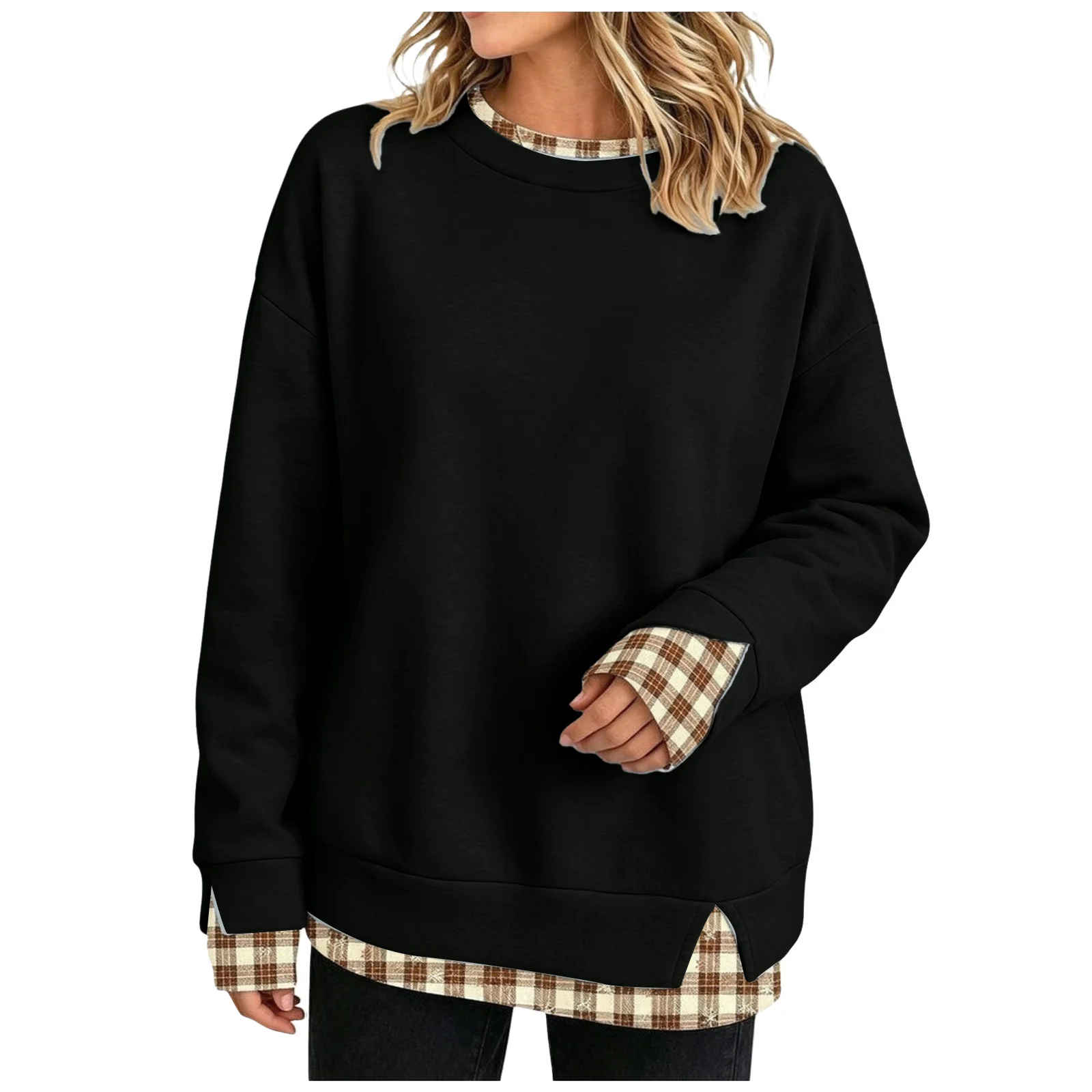 Fake Two-Piece Oversize Sweatshirts Women Plaid Printed Long Sleeve Pullover With Side Slit Loose Round Neck Sweatshirts Tops
