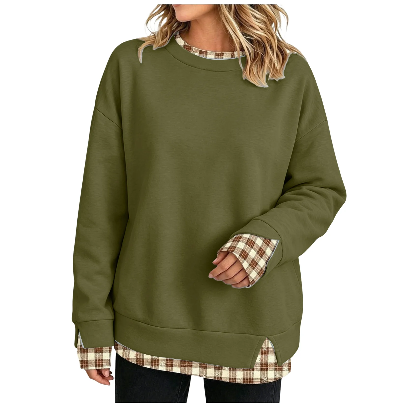 Fake Two-Piece Oversize Sweatshirts Women Plaid Printed Long Sleeve Pullover With Side Slit Loose Round Neck Sweatshirts Tops