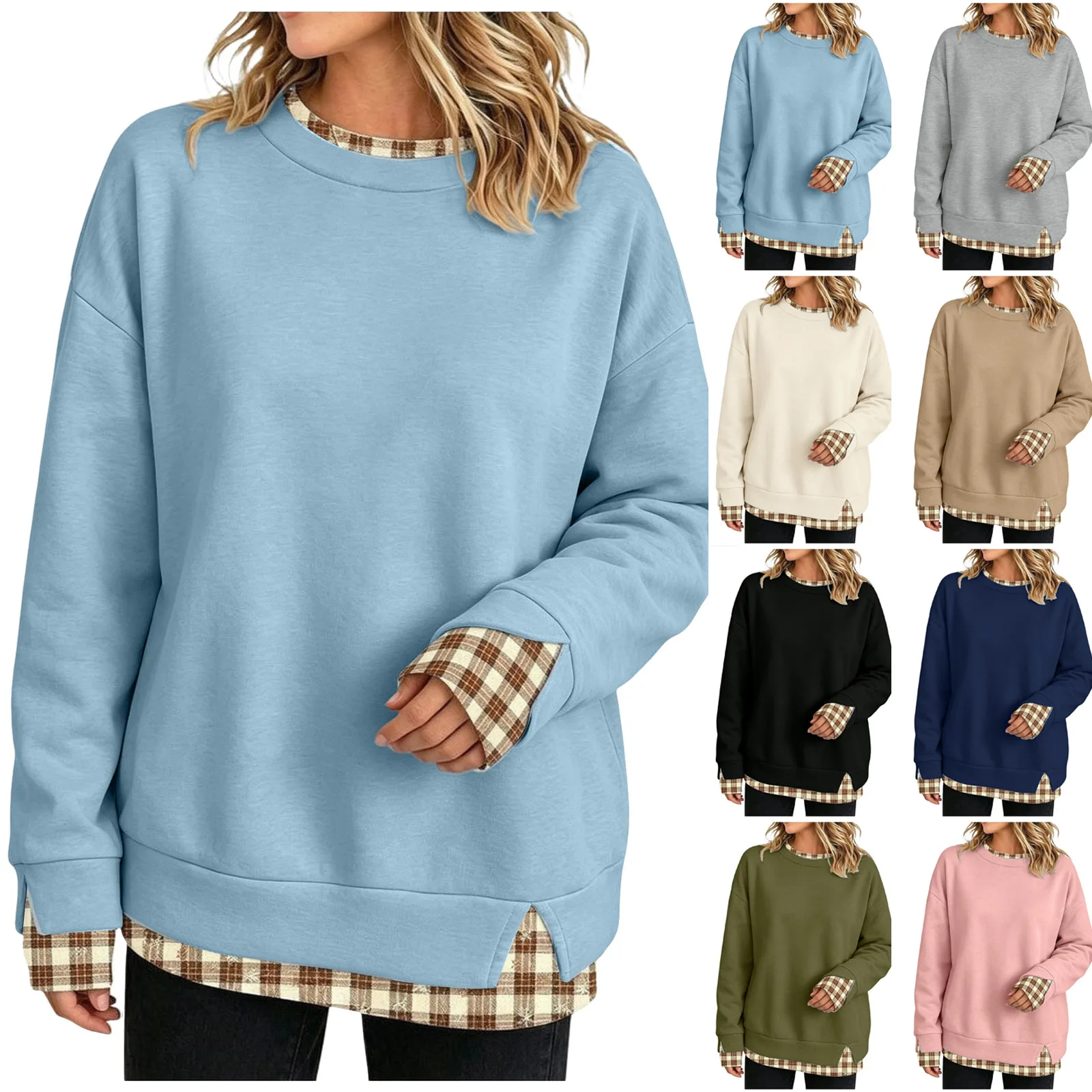 Fake Two-Piece Oversize Sweatshirts Women Plaid Printed Long Sleeve Pullover With Side Slit Loose Round Neck Sweatshirts Tops