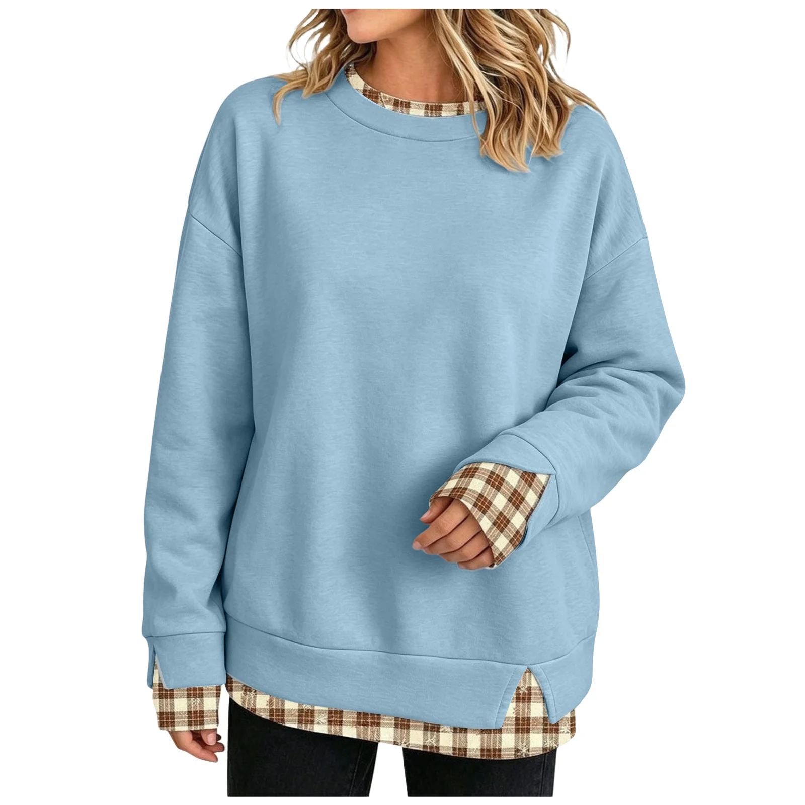 Fake Two-Piece Oversize Sweatshirts Women Plaid Printed Long Sleeve Pullover With Side Slit Loose Round Neck Sweatshirts Tops