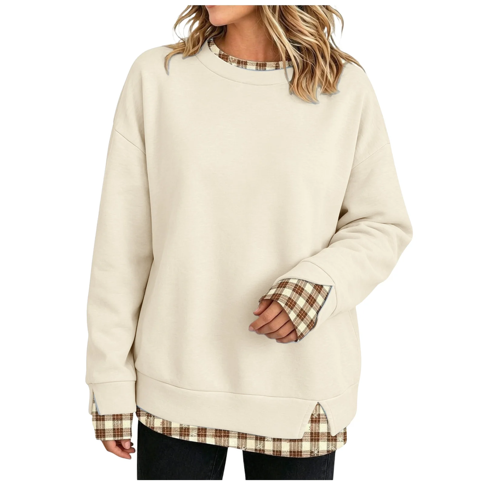 Fake Two-Piece Oversize Sweatshirts Women Plaid Printed Long Sleeve Pullover With Side Slit Loose Round Neck Sweatshirts Tops