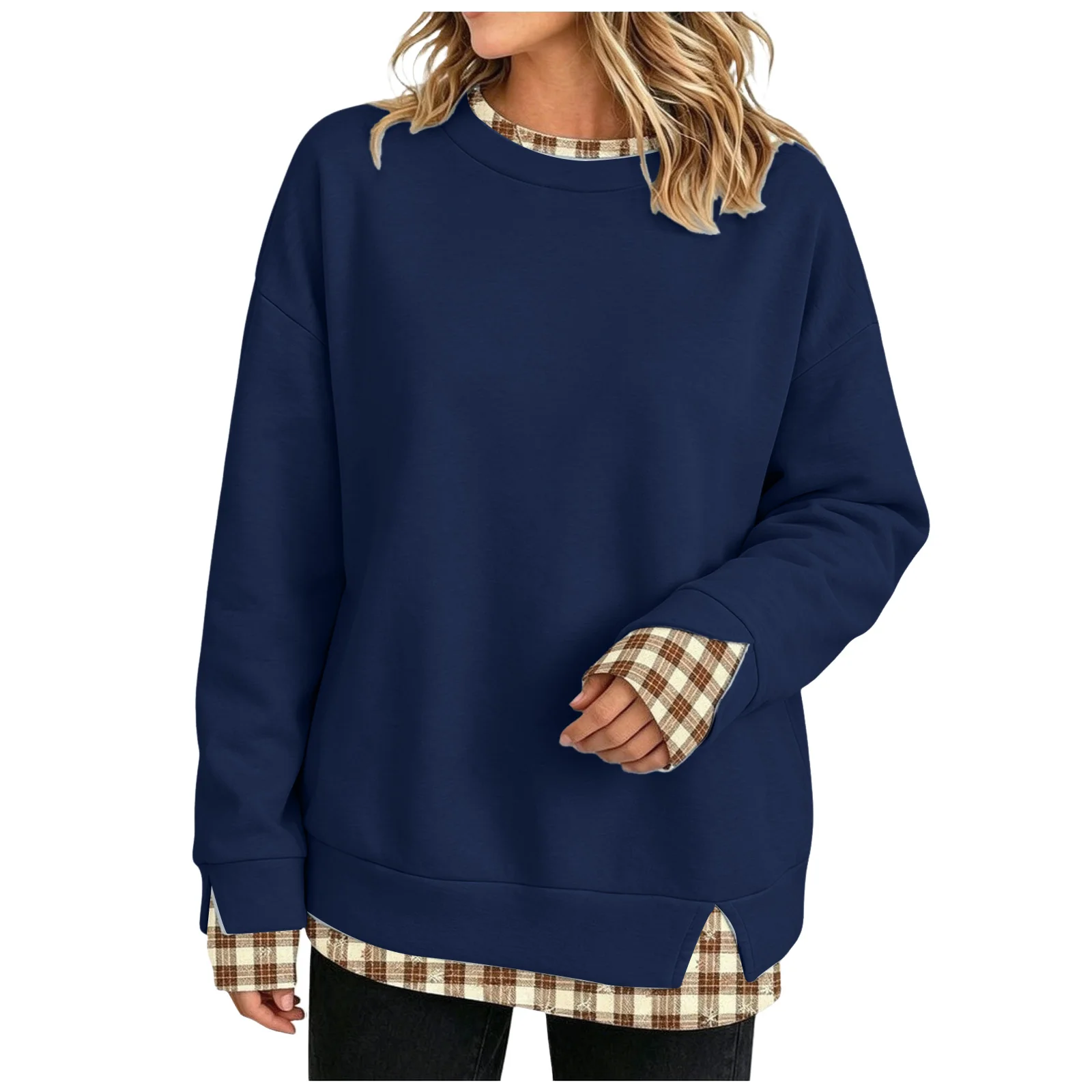 Fake Two-Piece Oversize Sweatshirts Women Plaid Printed Long Sleeve Pullover With Side Slit Loose Round Neck Sweatshirts Tops