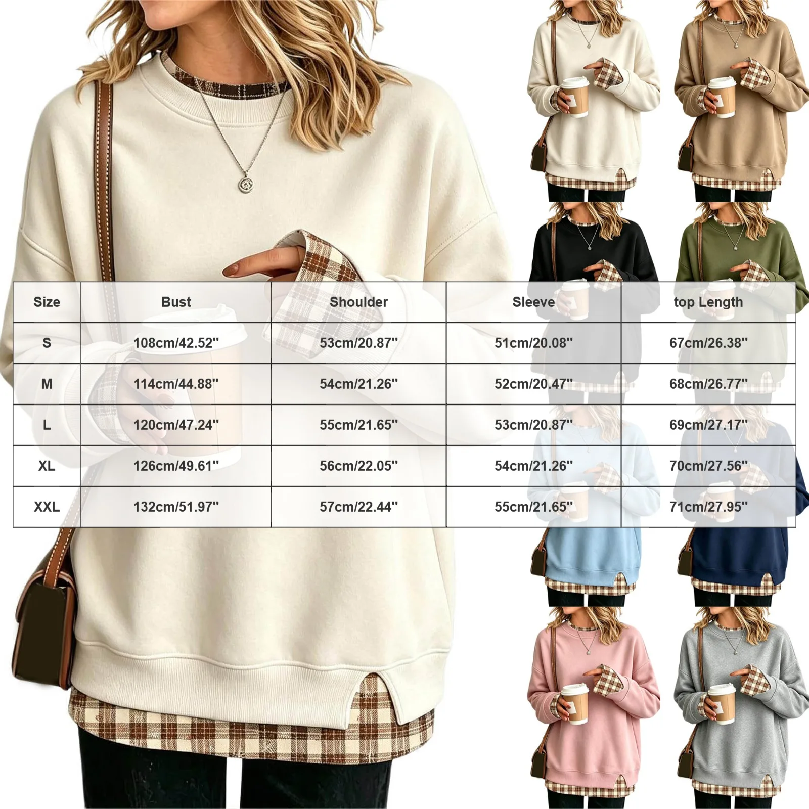 Fake Two-Piece Oversize Sweatshirts Women Plaid Printed Long Sleeve Pullover With Side Slit Loose Round Neck Sweatshirts Tops