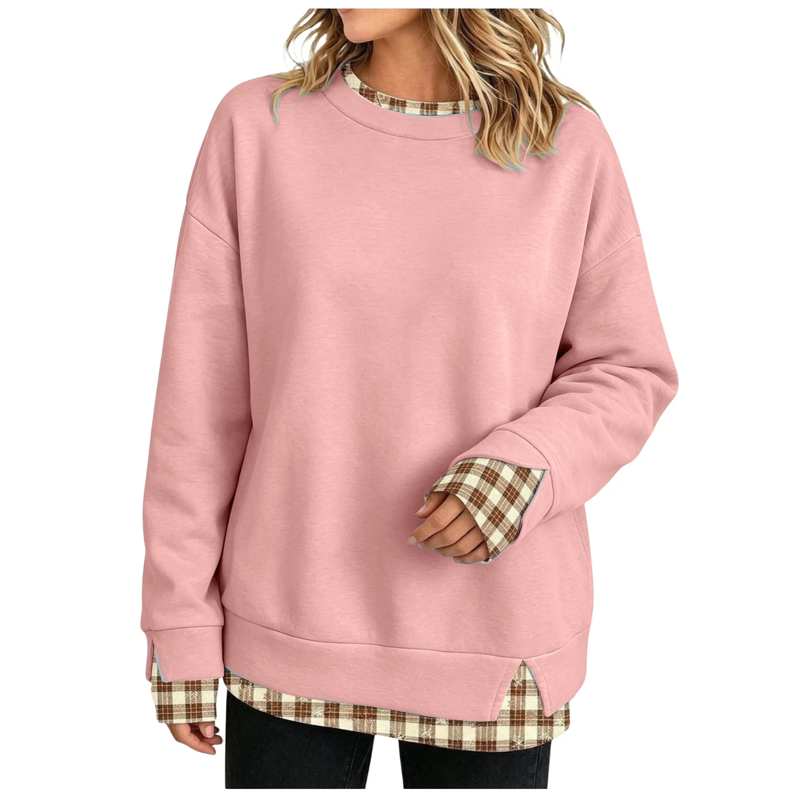 Fake Two-Piece Oversize Sweatshirts Women Plaid Printed Long Sleeve Pullover With Side Slit Loose Round Neck Sweatshirts Tops