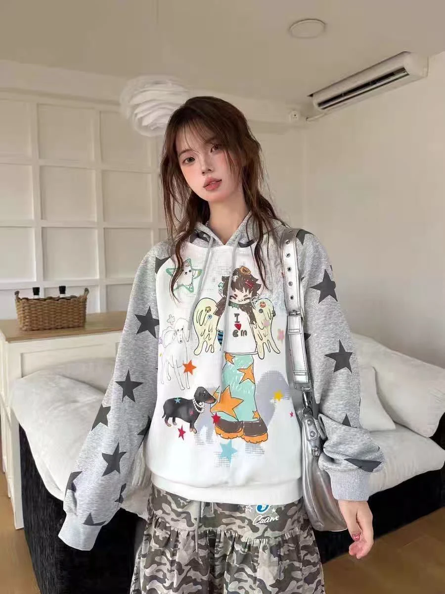 Aoaiiys Star Hoodies Women Streetwear Sweatshirt Cute Cartoon Print Y2k Loose Drawstring Hoodies Autumn Patchwork Sweatshirts