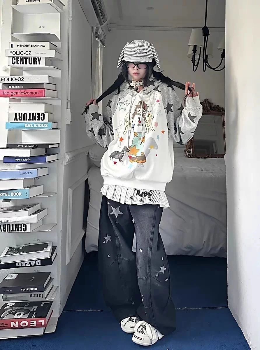 Aoaiiys Star Hoodies Women Streetwear Sweatshirt Cute Cartoon Print Y2k Loose Drawstring Hoodies Autumn Patchwork Sweatshirts