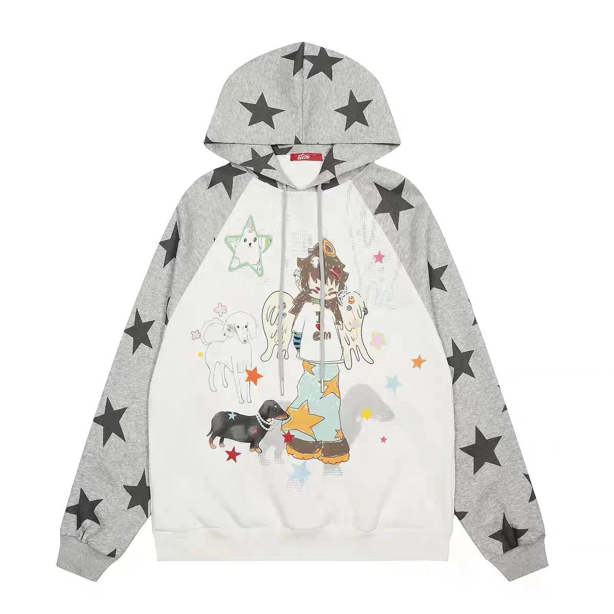 Aoaiiys Star Hoodies Women Streetwear Sweatshirt Cute Cartoon Print Y2k Loose Drawstring Hoodies Autumn Patchwork Sweatshirts