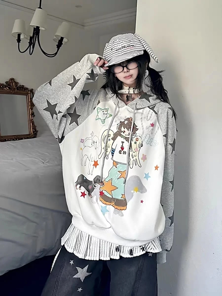 Aoaiiys Star Hoodies Women Streetwear Sweatshirt Cute Cartoon Print Y2k Loose Drawstring Hoodies Autumn Patchwork Sweatshirts