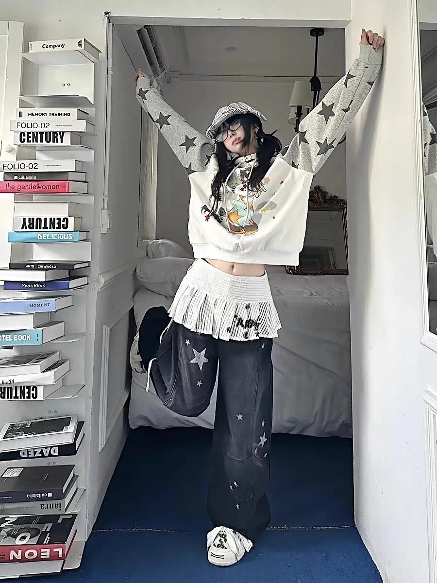 Aoaiiys Star Hoodies Women Streetwear Sweatshirt Cute Cartoon Print Y2k Loose Drawstring Hoodies Autumn Patchwork Sweatshirts