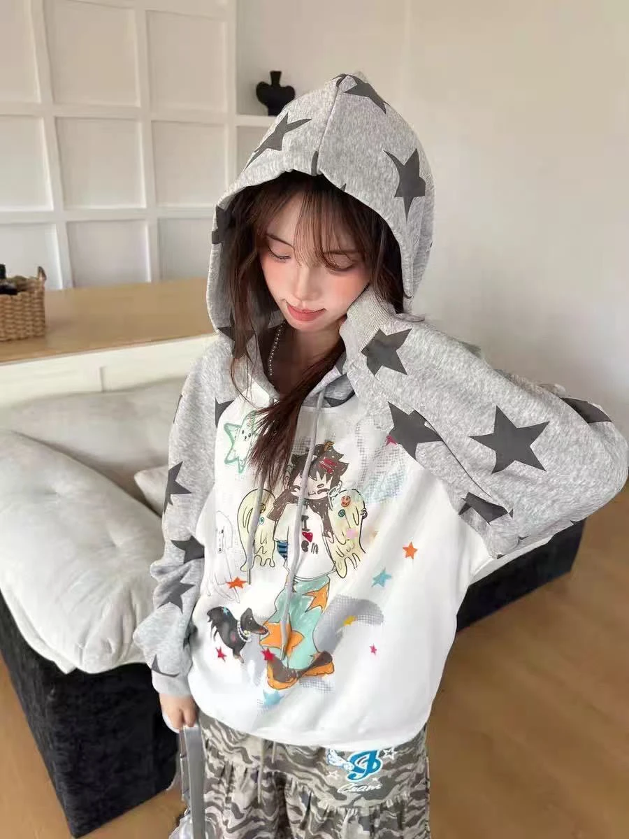 Aoaiiys Star Hoodies Women Streetwear Sweatshirt Cute Cartoon Print Y2k Loose Drawstring Hoodies Autumn Patchwork Sweatshirts