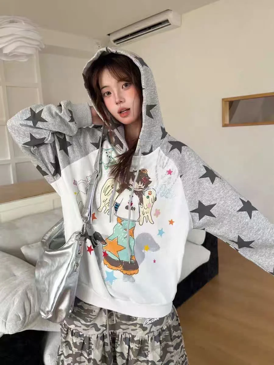 Aoaiiys Star Hoodies Women Streetwear Sweatshirt Cute Cartoon Print Y2k Loose Drawstring Hoodies Autumn Patchwork Sweatshirts