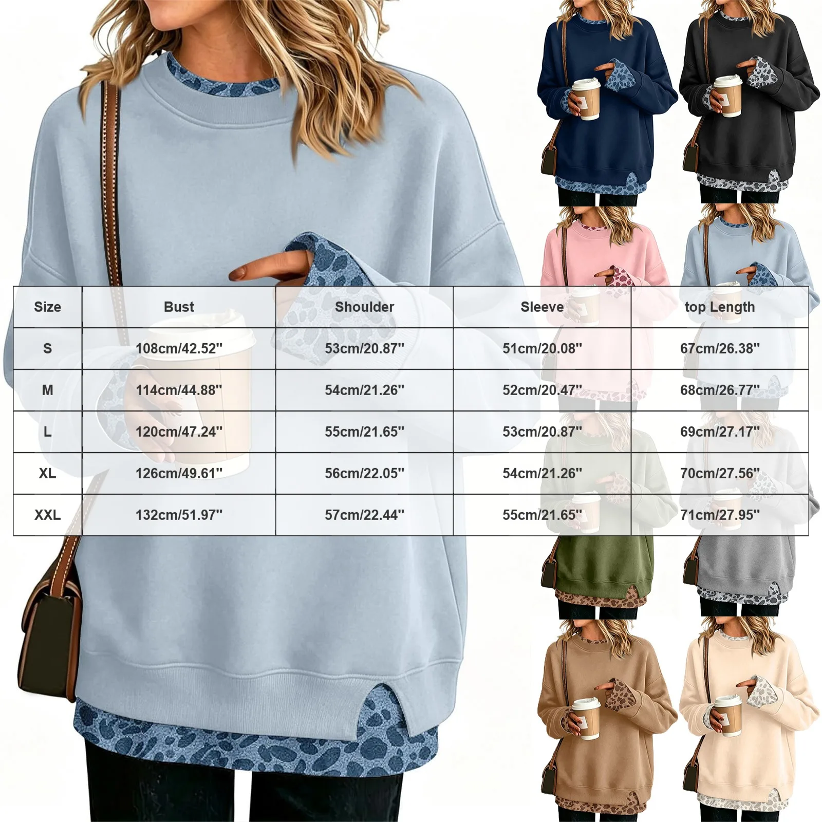 Fake Two-Piece Women Sweatshirts With Side Slit Leopard Print Long Sleeve Oversize Sweatshirts Autumn Casual Round Neck Pullover