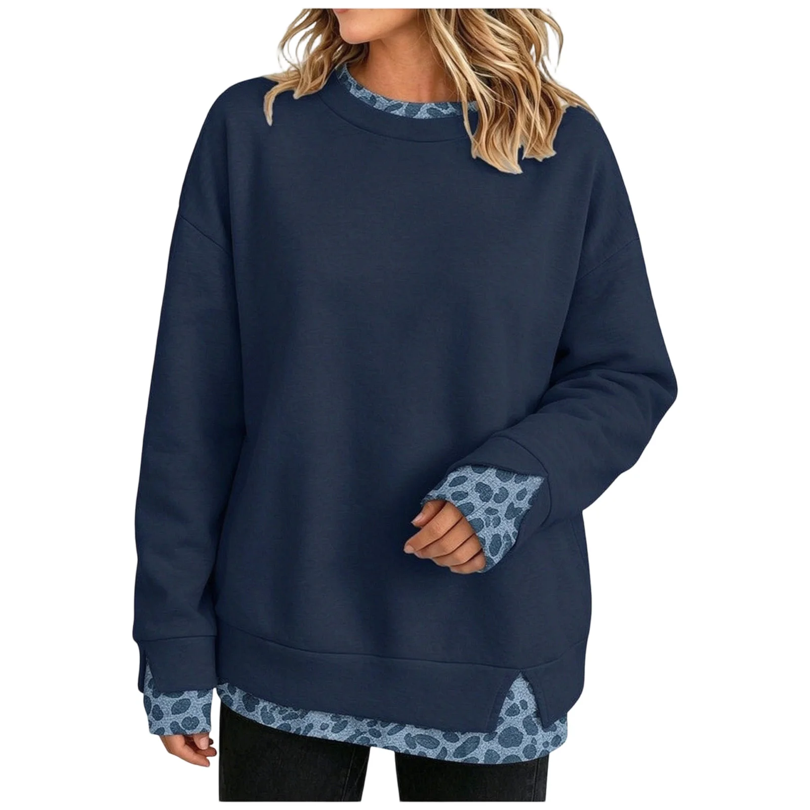 Fake Two-Piece Women Sweatshirts With Side Slit Leopard Print Long Sleeve Oversize Sweatshirts Autumn Casual Round Neck Pullover