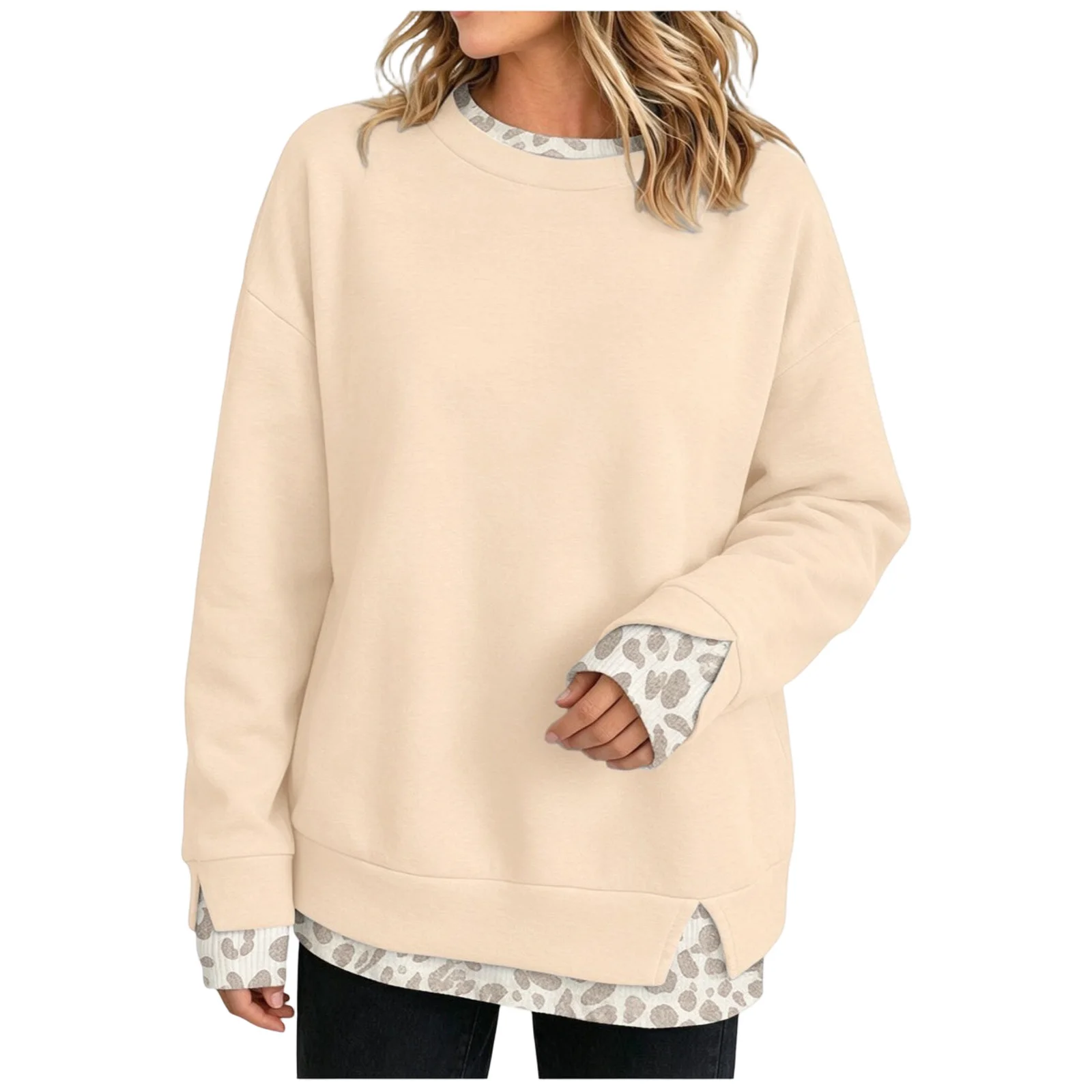 Fake Two-Piece Women Sweatshirts With Side Slit Leopard Print Long Sleeve Oversize Sweatshirts Autumn Casual Round Neck Pullover