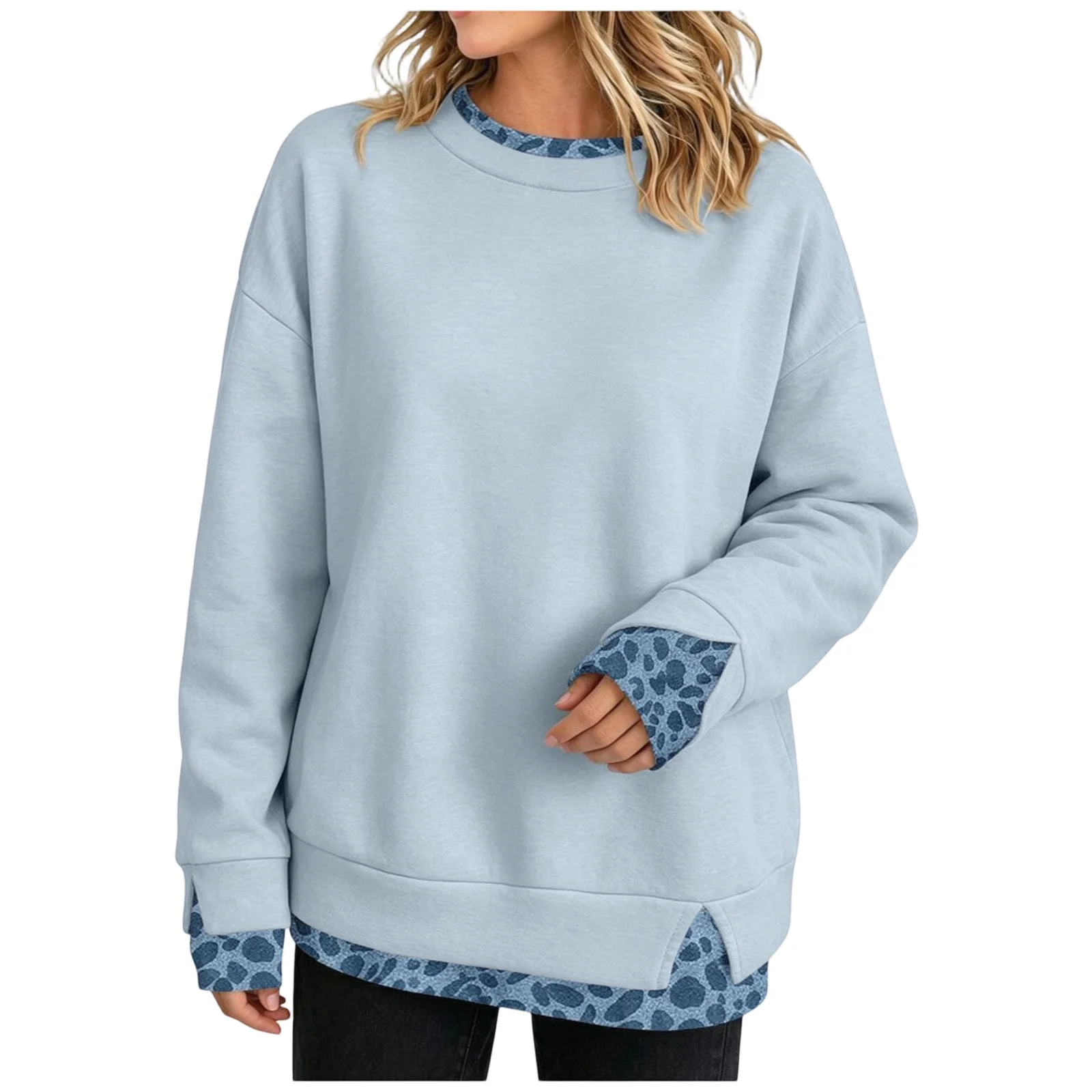 Fake Two-Piece Women Sweatshirts With Side Slit Leopard Print Long Sleeve Oversize Sweatshirts Autumn Casual Round Neck Pullover