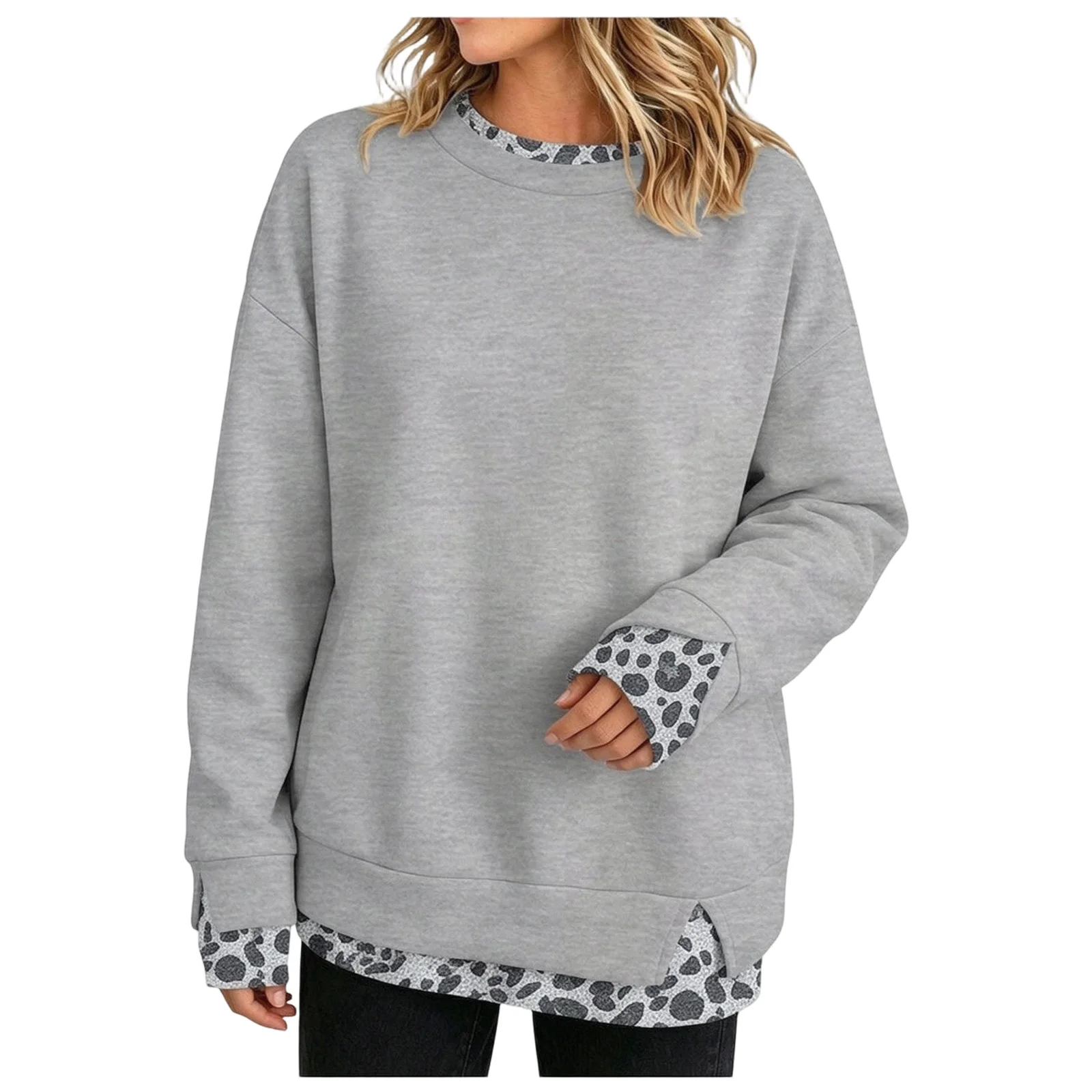 Fake Two-Piece Women Sweatshirts With Side Slit Leopard Print Long Sleeve Oversize Sweatshirts Autumn Casual Round Neck Pullover