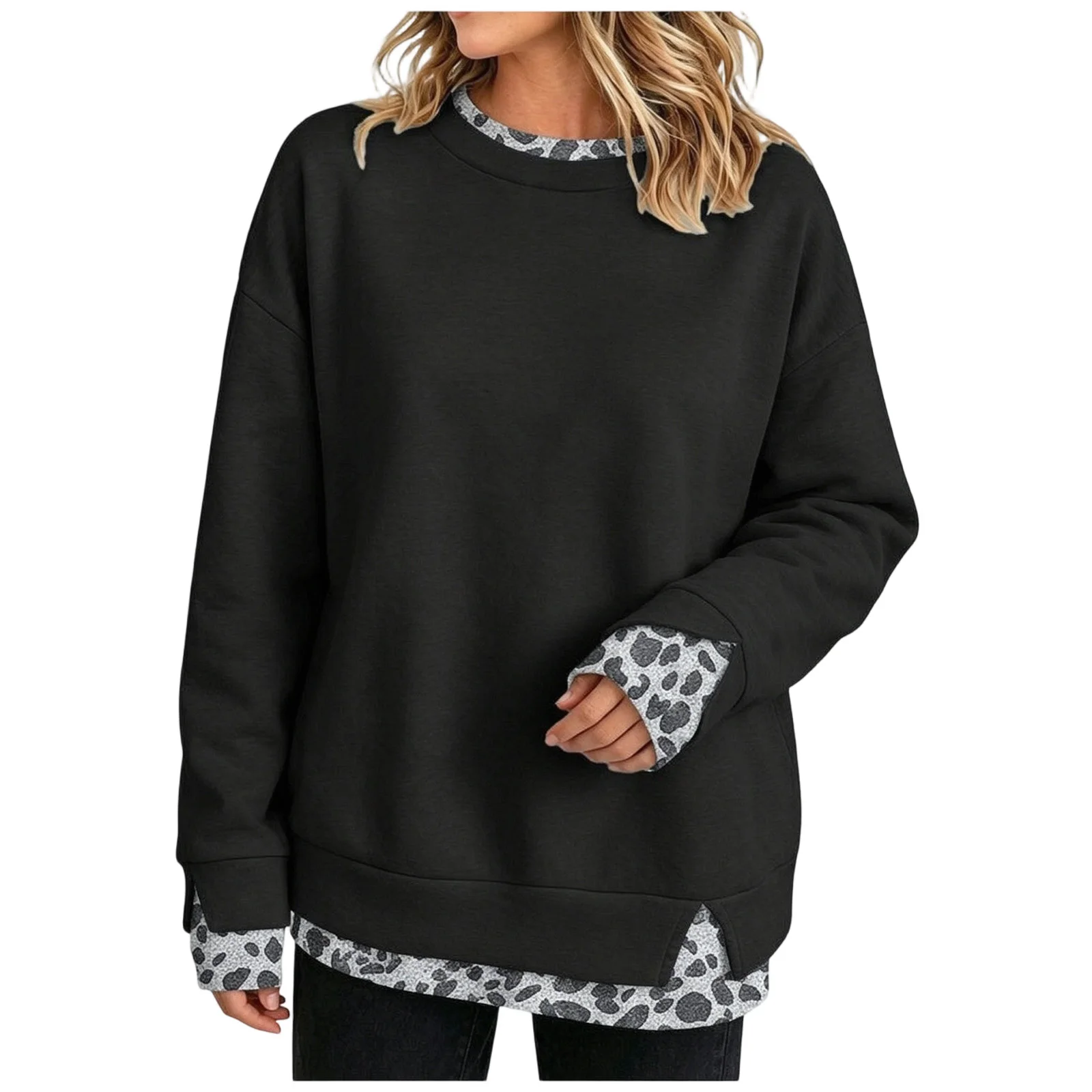 Fake Two-Piece Women Sweatshirts With Side Slit Leopard Print Long Sleeve Oversize Sweatshirts Autumn Casual Round Neck Pullover