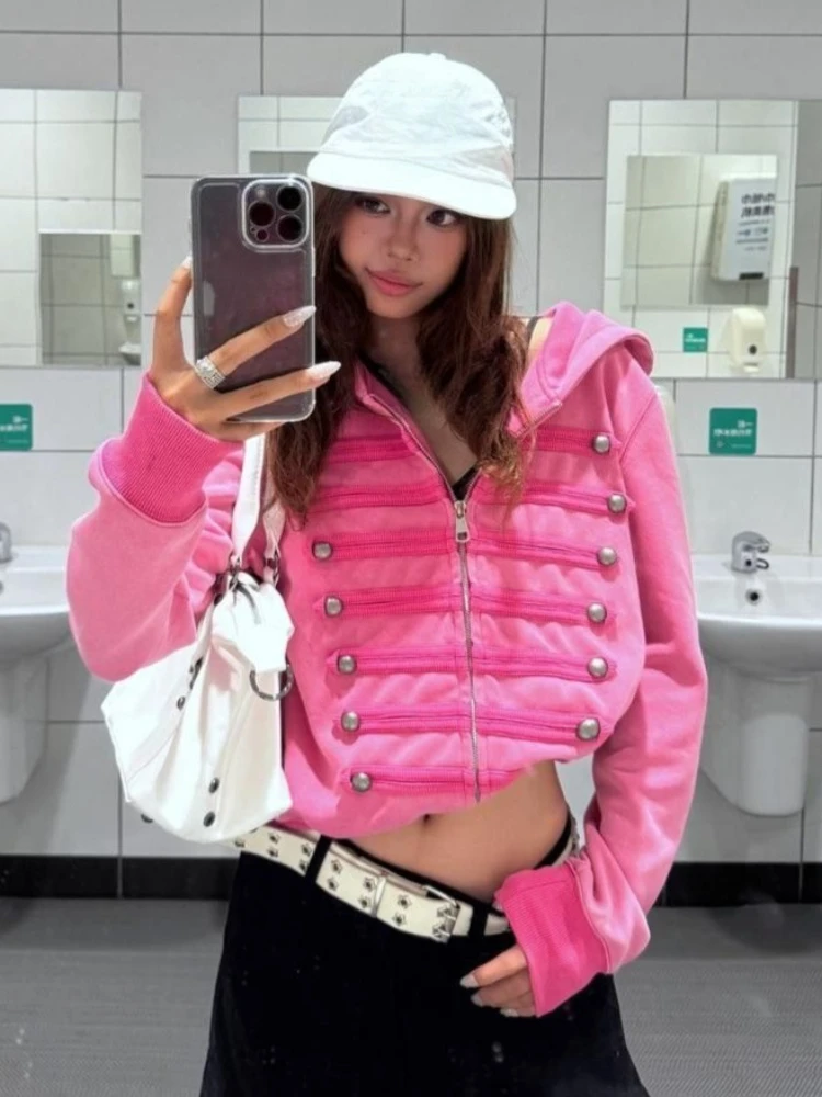 Harajuku Double-breasted Punk Casual Hoodie Y2k Aesthetic Autumn Slim Fit Zipper Hoody Women Streetwear Solid  Grunge Sweatshirt