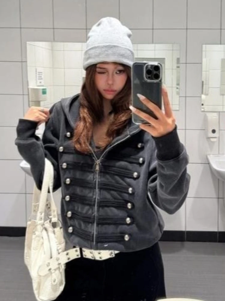 Harajuku Double-breasted Punk Casual Hoodie Y2k Aesthetic Autumn Slim Fit Zipper Hoody Women Streetwear Solid  Grunge Sweatshirt