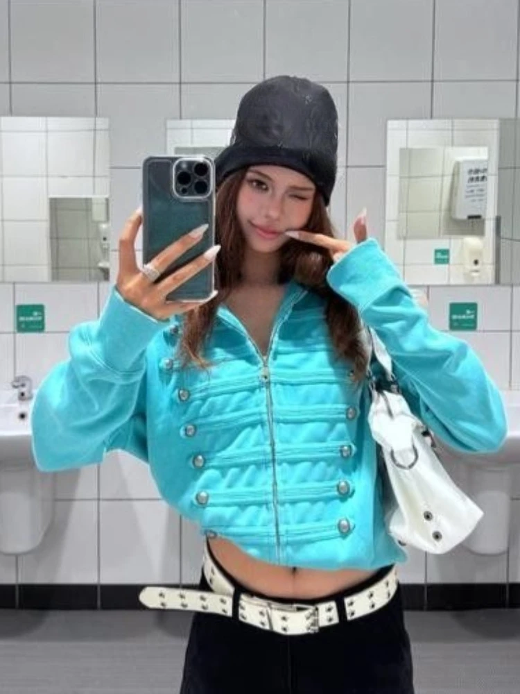 Harajuku Double-breasted Punk Casual Hoodie Y2k Aesthetic Autumn Slim Fit Zipper Hoody Women Streetwear Solid  Grunge Sweatshirt