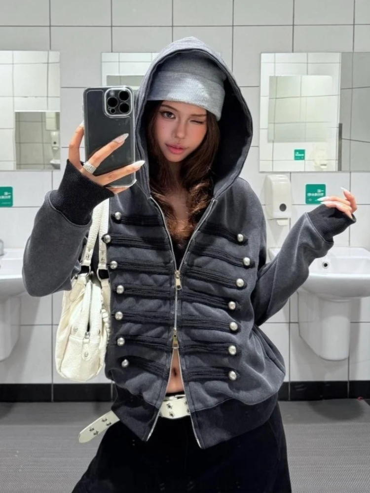 Harajuku Double-breasted Punk Casual Hoodie Y2k Aesthetic Autumn Slim Fit Zipper Hoody Women Streetwear Solid  Grunge Sweatshirt