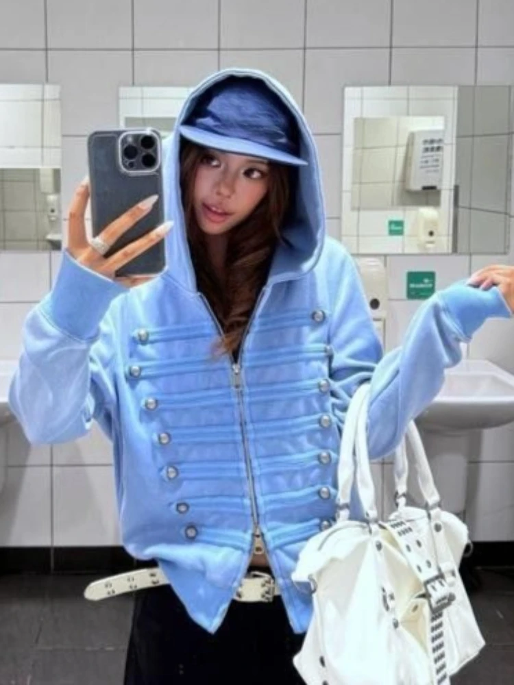 Harajuku Double-breasted Punk Casual Hoodie Y2k Aesthetic Autumn Slim Fit Zipper Hoody Women Streetwear Solid  Grunge Sweatshirt