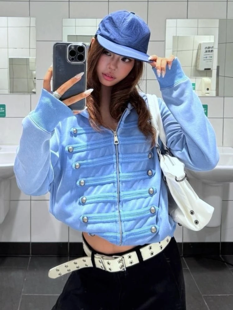Harajuku Double-breasted Punk Casual Hoodie Y2k Aesthetic Autumn Slim Fit Zipper Hoody Women Streetwear Solid  Grunge Sweatshirt