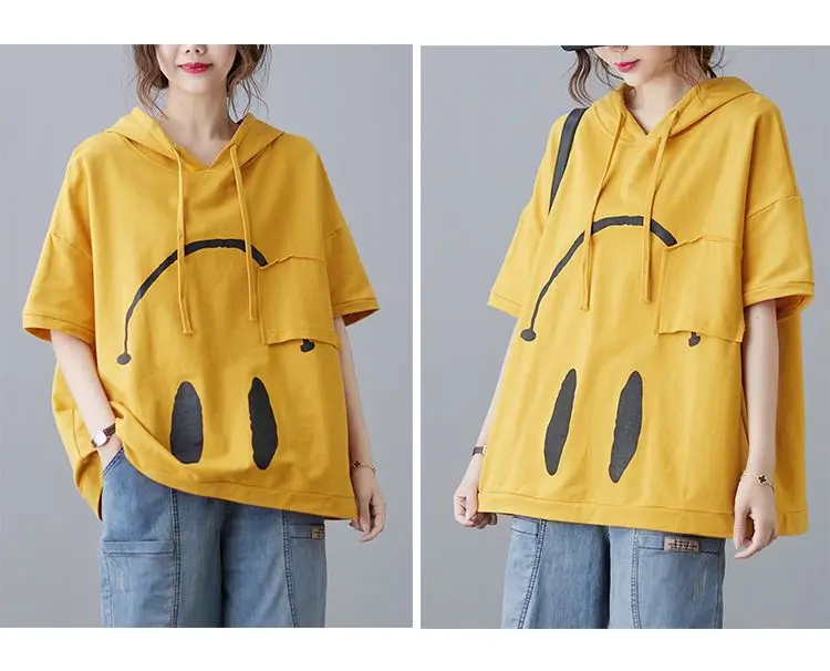 2024 New Summer Fashion Edition Fresh and Age Reducing Loose Casual Oversized Printed Hooded Short Sleeved Women's Hoodie