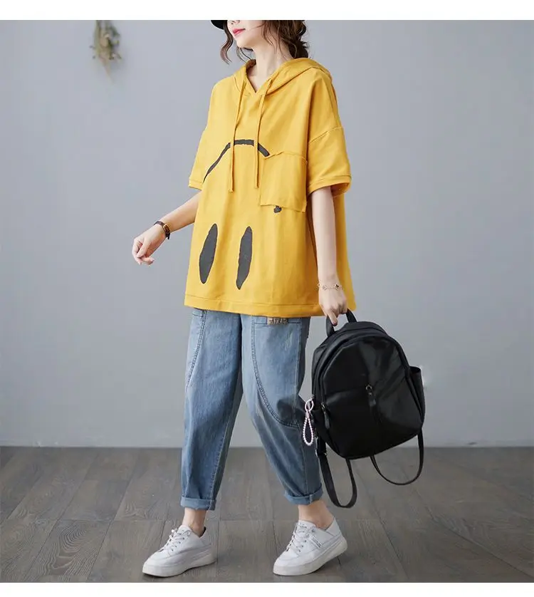 2024 New Summer Fashion Edition Fresh and Age Reducing Loose Casual Oversized Printed Hooded Short Sleeved Women's Hoodie