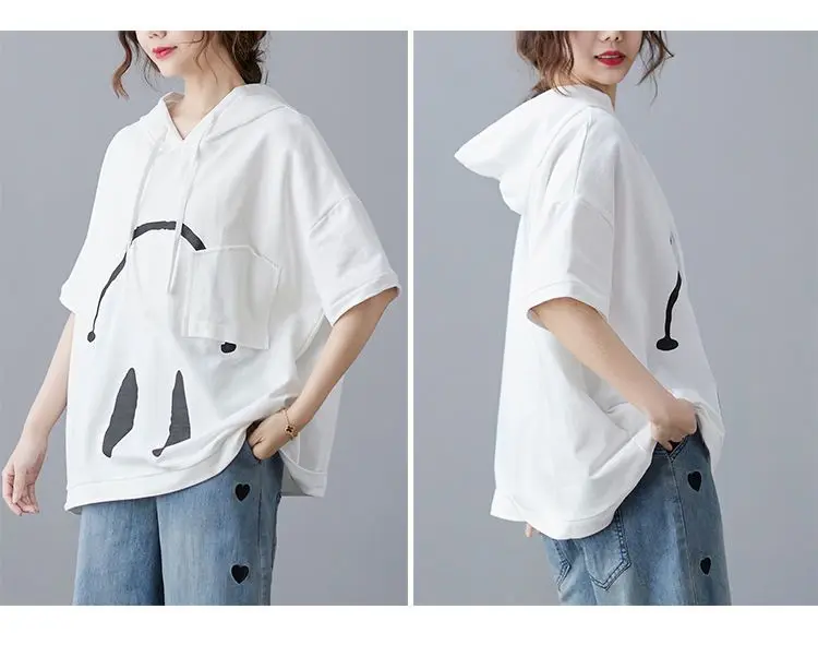 2024 New Summer Fashion Edition Fresh and Age Reducing Loose Casual Oversized Printed Hooded Short Sleeved Women's Hoodie