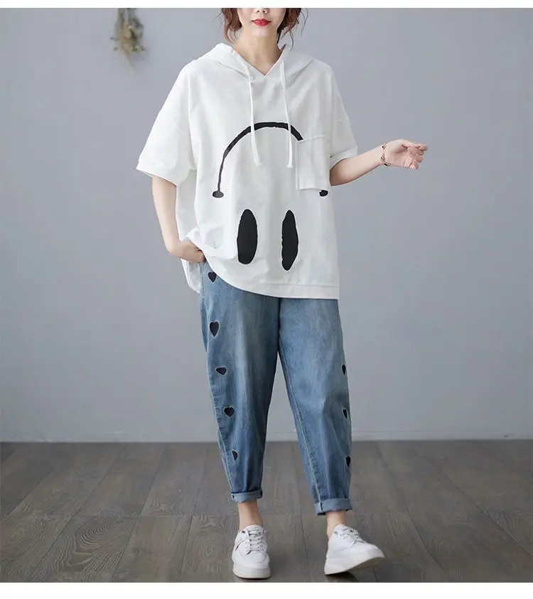 2024 New Summer Fashion Edition Fresh and Age Reducing Loose Casual Oversized Printed Hooded Short Sleeved Women's Hoodie