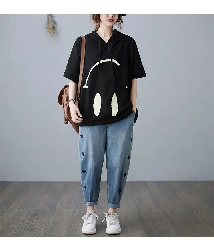 2024 New Summer Fashion Edition Fresh and Age Reducing Loose Casual Oversized Printed Hooded Short Sleeved Women's Hoodie