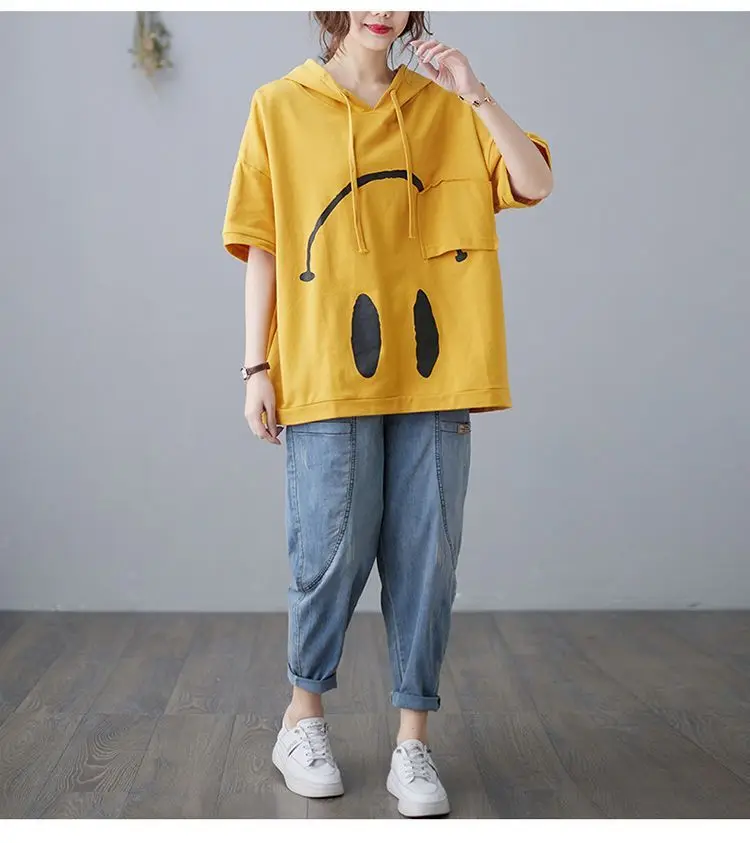 2024 New Summer Fashion Edition Fresh and Age Reducing Loose Casual Oversized Printed Hooded Short Sleeved Women's Hoodie