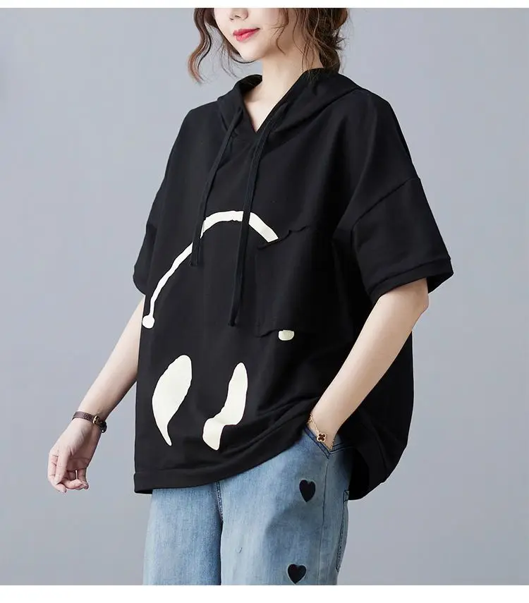 2024 New Summer Fashion Edition Fresh and Age Reducing Loose Casual Oversized Printed Hooded Short Sleeved Women's Hoodie