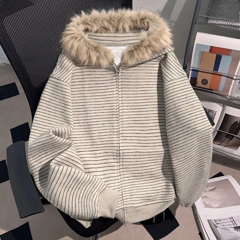 Y2k Kawaii Japanese Print Zipper Hooded Sweatshirts Harajuku Loose Casual Fur Collar Hoodies 2000s Vintage Autumn Coats Chic