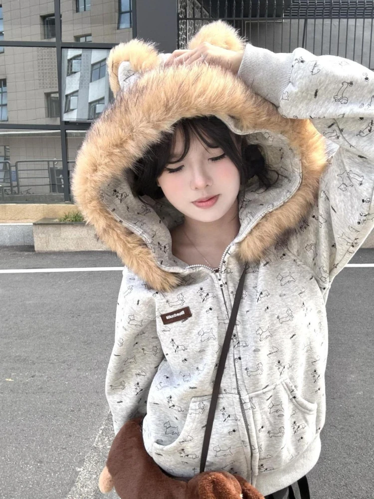 Y2k Kawaii Japanese Print Zipper Hooded Sweatshirts Harajuku Loose Casual Fur Collar Hoodies 2000s Vintage Autumn Coats Chic